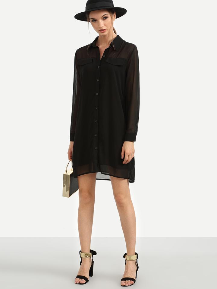 Romwe Black Sheer Long Sleeve Chiffon Shirt Dress