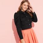 Romwe Button Up Flap Pocket Puff Sleeve Ruched Jacket