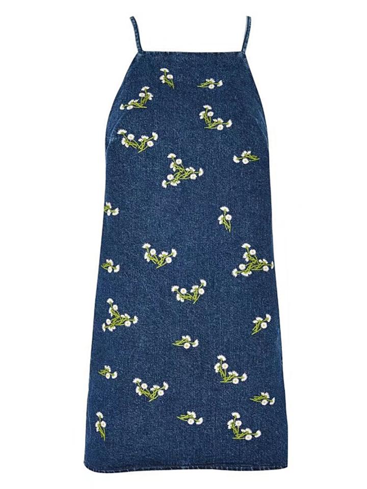 Romwe Ditsy Embroidered Denim Cami Dress