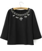 Romwe Black Sweatshirt With Gemstone Decoration
