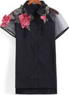Romwe Black Sheer Mesh Short Sleeve Embroidered Blouse