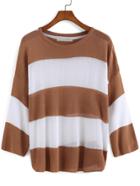 Romwe Striped Loose Khaki Sweater