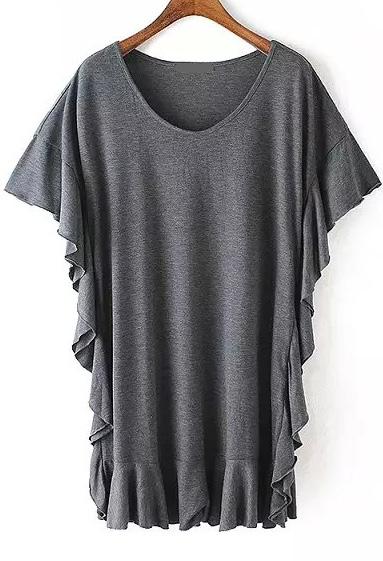 Romwe Round Neck Ruffle Grey Dress