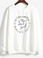 Romwe Round Neck Letters Embroidered White Sweatshirt