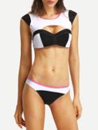 Romwe Contrast Trim Black & White Cutout Bikini Set