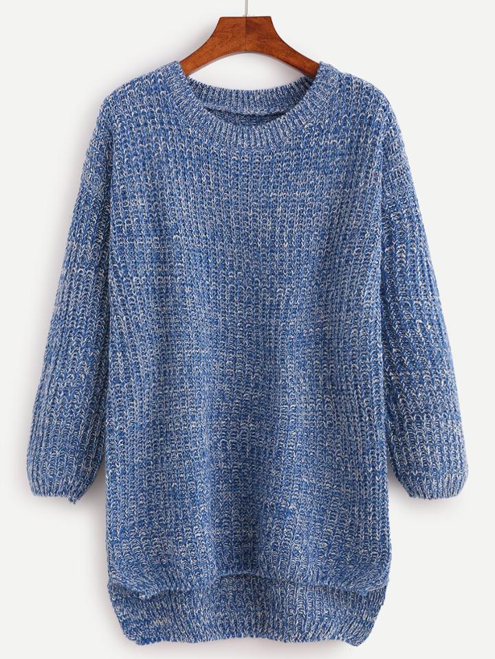 Romwe Blue Drop Shoulder High Low Sweater
