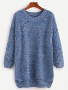 Romwe Blue Drop Shoulder High Low Sweater