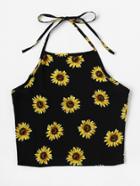 Romwe Halter Neck Chrysanthemum Print Random Top