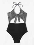 Romwe Knot Striped Cut Out Swimsuit