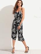 Romwe Black Spaghetti Strap Leaf Print Drawstring Waist Jumpsuit