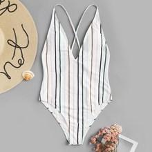 Romwe Striped Criss Cross Low Back One Piece Swim