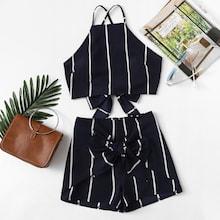 Romwe Backless Criss Cross Striped Cami With Shorts