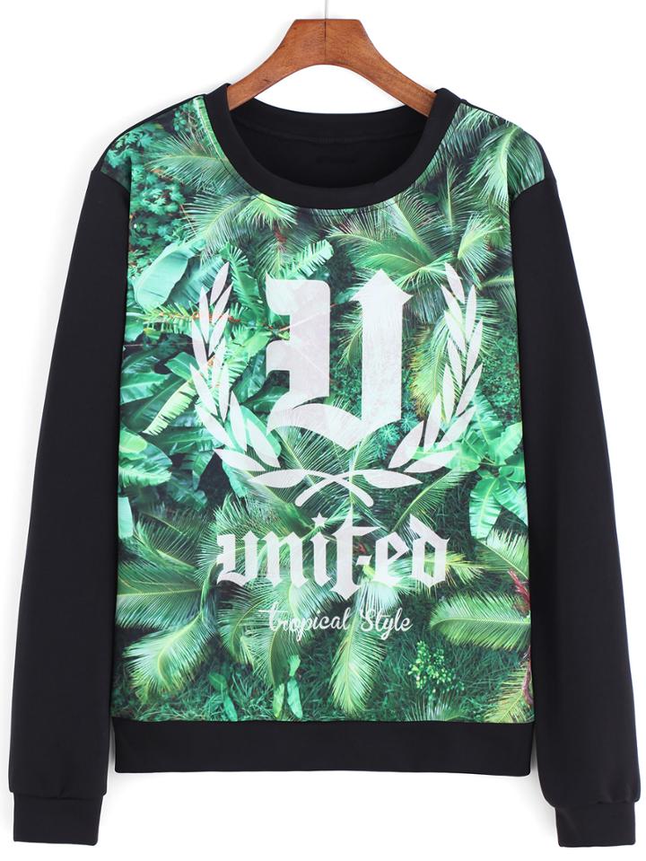 Romwe Round Neck Leaves Letter Print Sweatshirt
