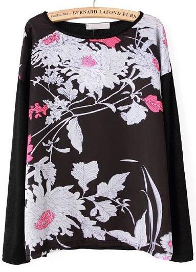 Romwe Chrysanthemum Print Black Knit Sweater