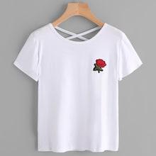 Romwe Plus Floral Embroidered Criss Cross Back Tee
