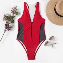 Romwe Net Panel Zipper-up One Piece Swimsuit
