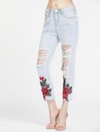 Romwe Ladder Ripped Appliques Raw Hem Capri Jeans