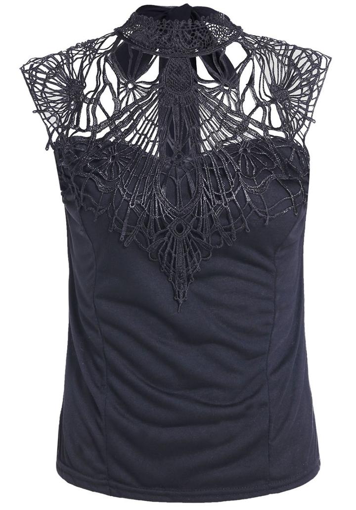 Romwe Stand Collar Lace Insert Hollow Slim Top