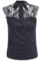 Romwe Stand Collar Lace Insert Hollow Slim Top