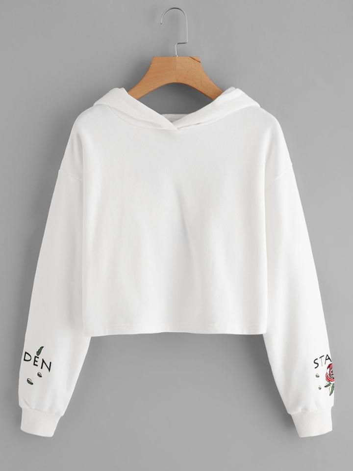 Romwe Drop Shoulder Rose Embroidered Crop Hoodie