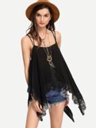 Romwe Black Lace Trimmed Strappy Asymmetric Cami Top