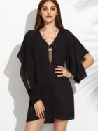 Romwe Black V Neck Slit Sleeve Chiffon Dress