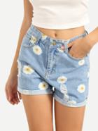 Romwe Daisy Print Rolled Hem Blue Denim Shorts
