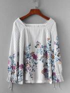 Romwe Flower Print Striped Blouse