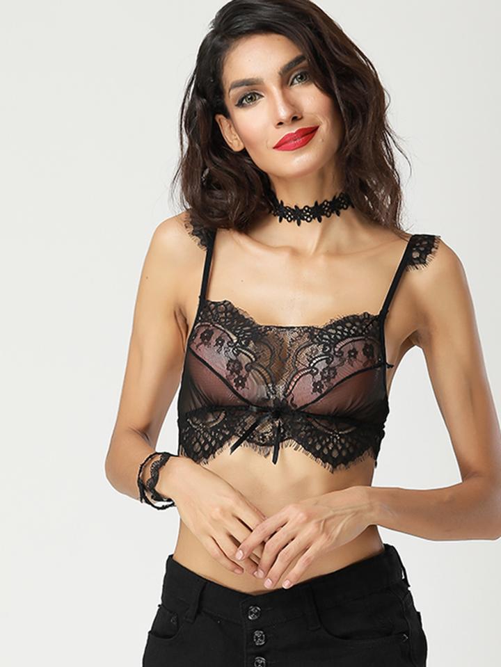 Romwe Eyelash Lace Detail Hook Back Bralette
