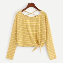 Romwe Striped Criss Cross Neck Knot Hem Tee