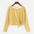 Romwe Striped Criss Cross Neck Knot Hem Tee