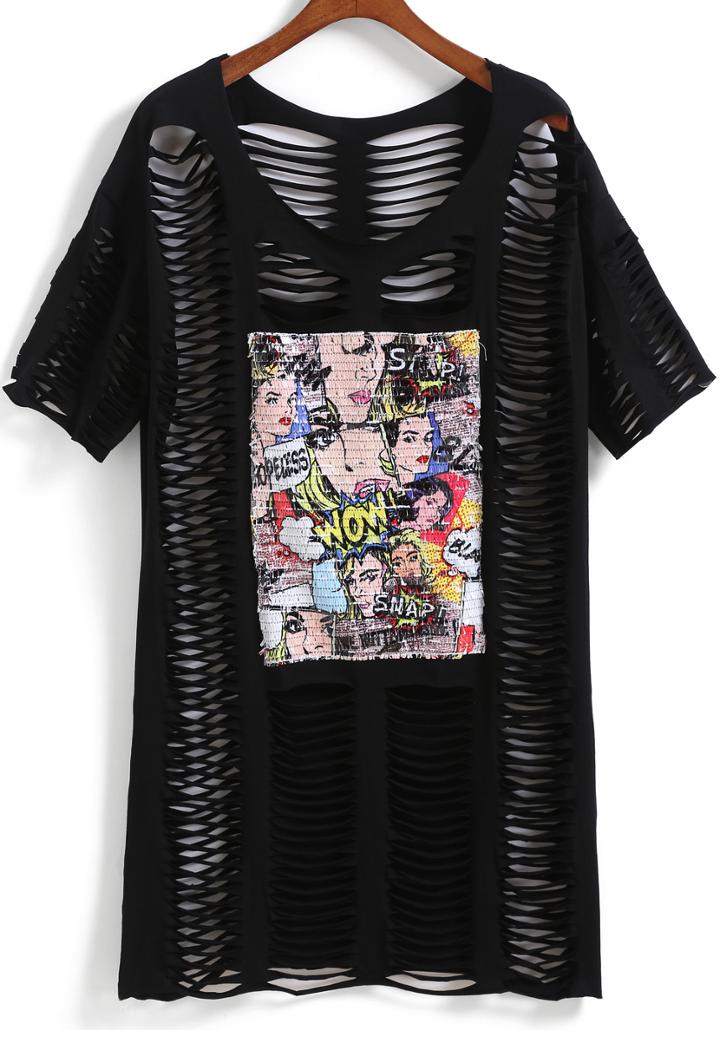 Romwe Short Sleeve With Sequined Head Pattern Dress
