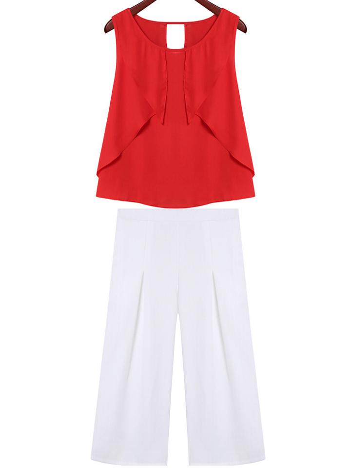 Romwe Sleeveless Chiffon Top With Wide Leg Pant