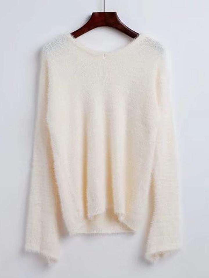 Romwe Lace Up Back Fuzzy Sweater