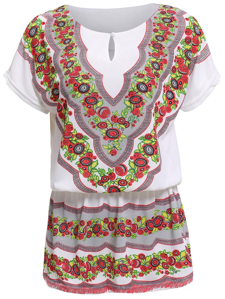 Romwe Keyhole Tribal Print White Dress