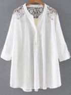 Romwe White V Neck Crochet Lace Splicing Blouse