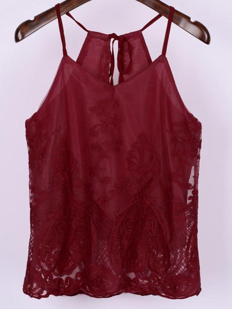 Romwe Keyhole Tie-neck Lace Cami Top - Burgandy