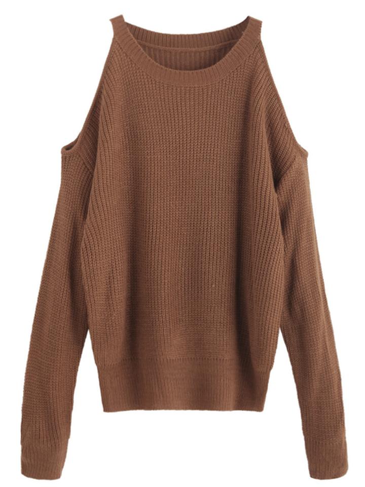 Romwe Brown Open Shoulder Knit Sweater