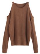 Romwe Brown Open Shoulder Knit Sweater