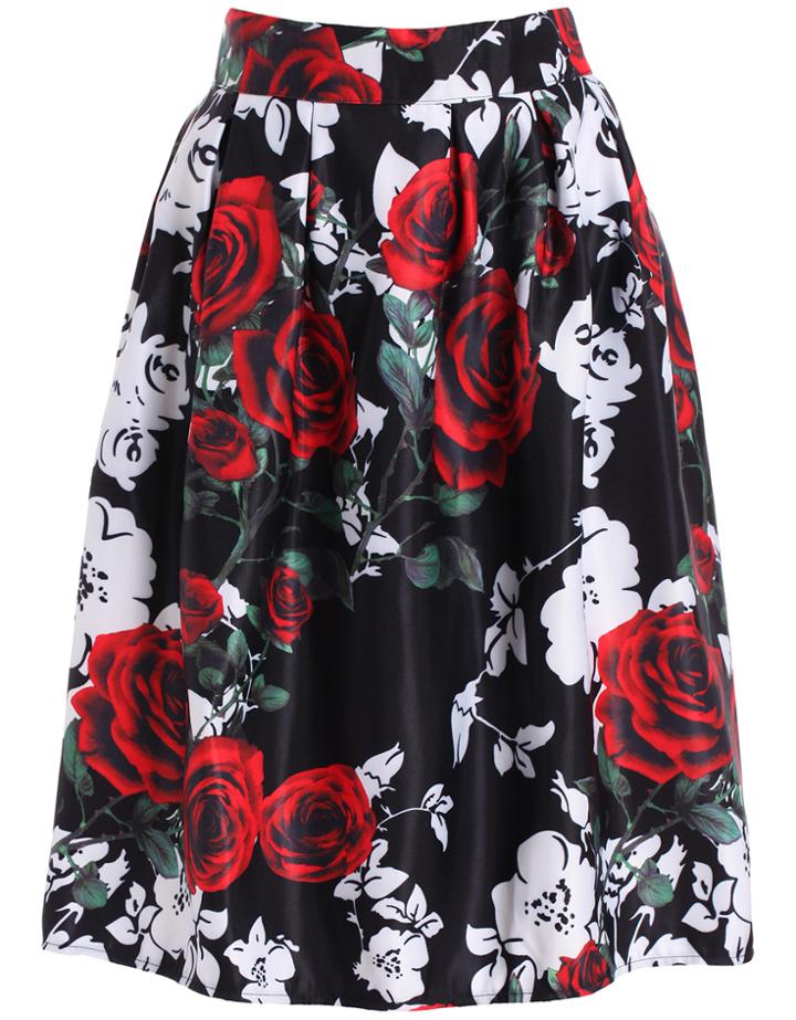 Romwe With Zipper Rose Print Skirt