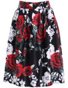 Romwe With Zipper Rose Print Skirt