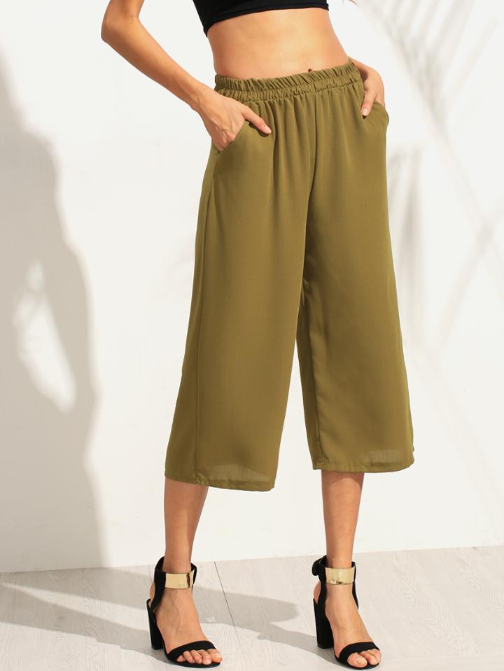 Romwe Army Green Elastic Waist Wide Leg Pants