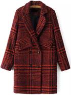 Romwe Lapel Houndstooth Long Red Coat With Pockets