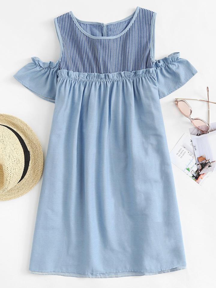 Romwe Open Shoulder Frill Trim Striped Dress