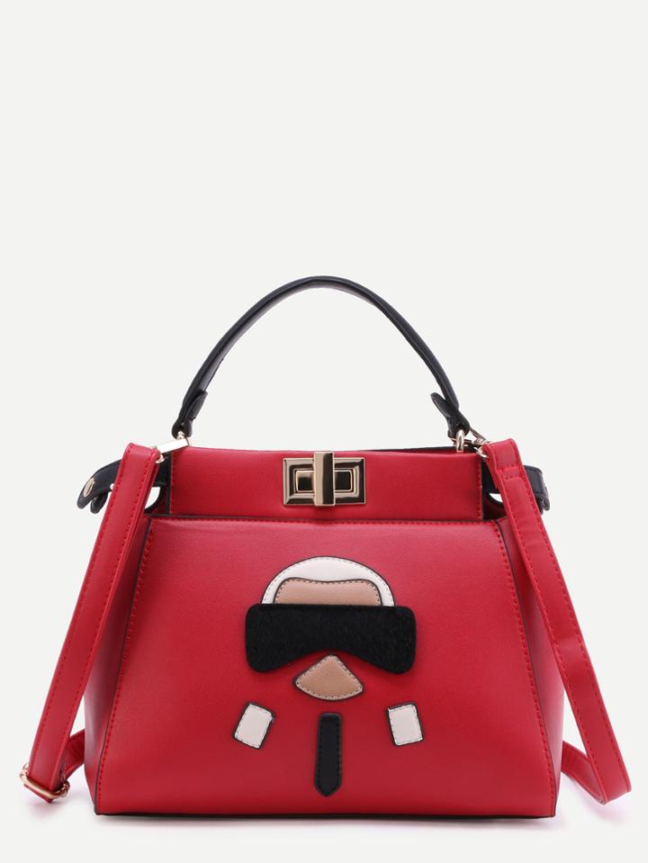 Romwe Red Cartoon Patch Pu Handbag With Strap