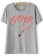 Romwe Grey Short Sleeve Letters Lipstick Print T-shirt