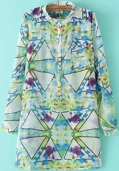 Romwe Stand Collar With Pocket Geometric Print Blouse