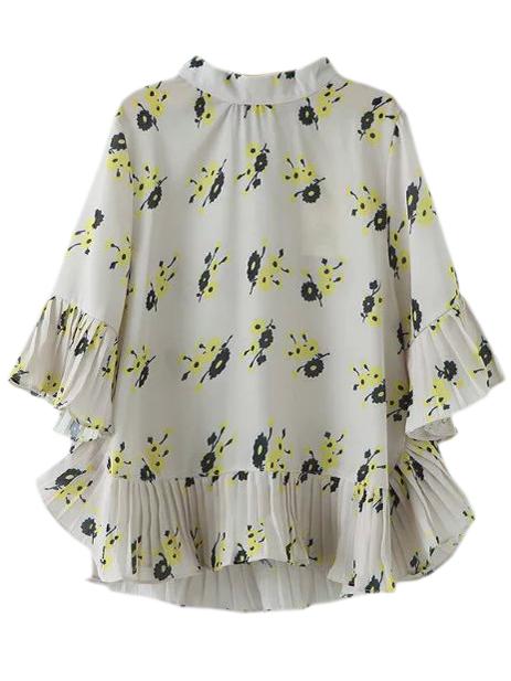 Romwe Multicolor Pleated Bell Sleeve Flowers Print Chiffon Blouse