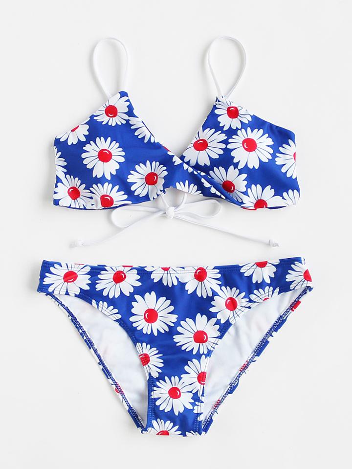 Romwe Daisy Print Tie Back Bikini Set