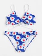 Romwe Daisy Print Tie Back Bikini Set